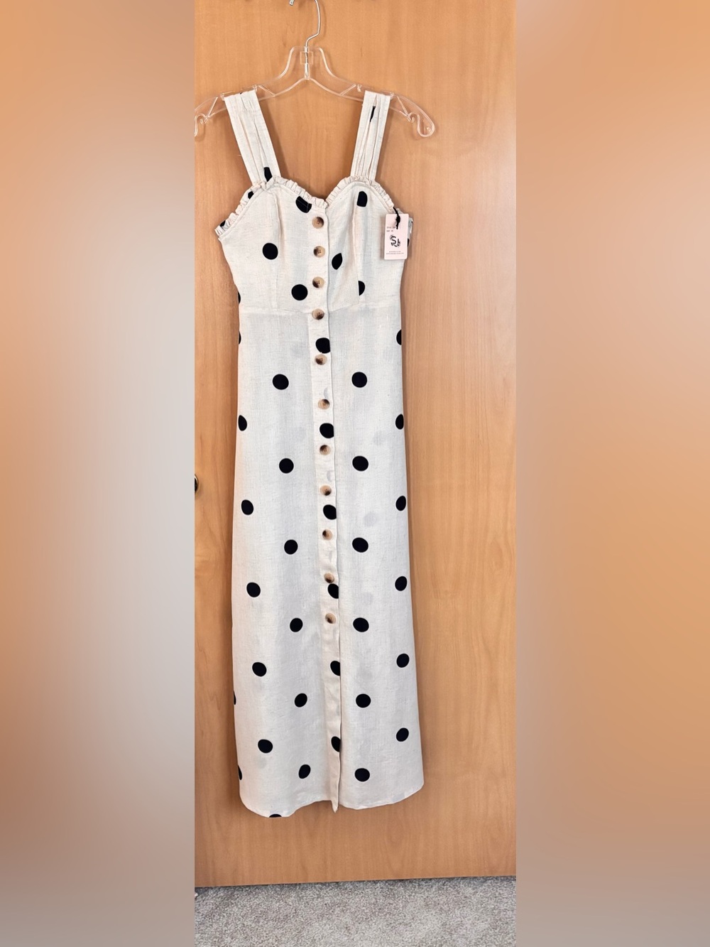 NWT Sincerely Jules Natural & Dark Navy Polka Dot Linen Blend Dress XS - Picture 3 of 12